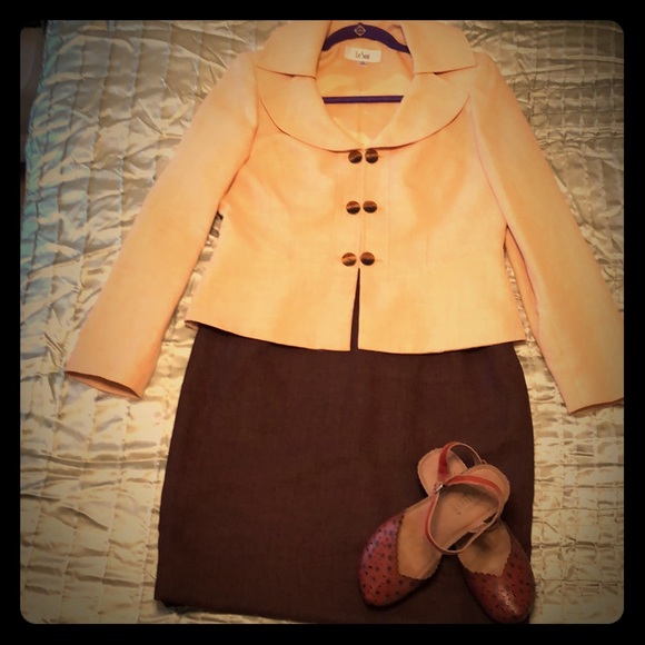 Le Suit Dresses & Skirts - Linen Look Goldenrod and Brown Skirt Suit